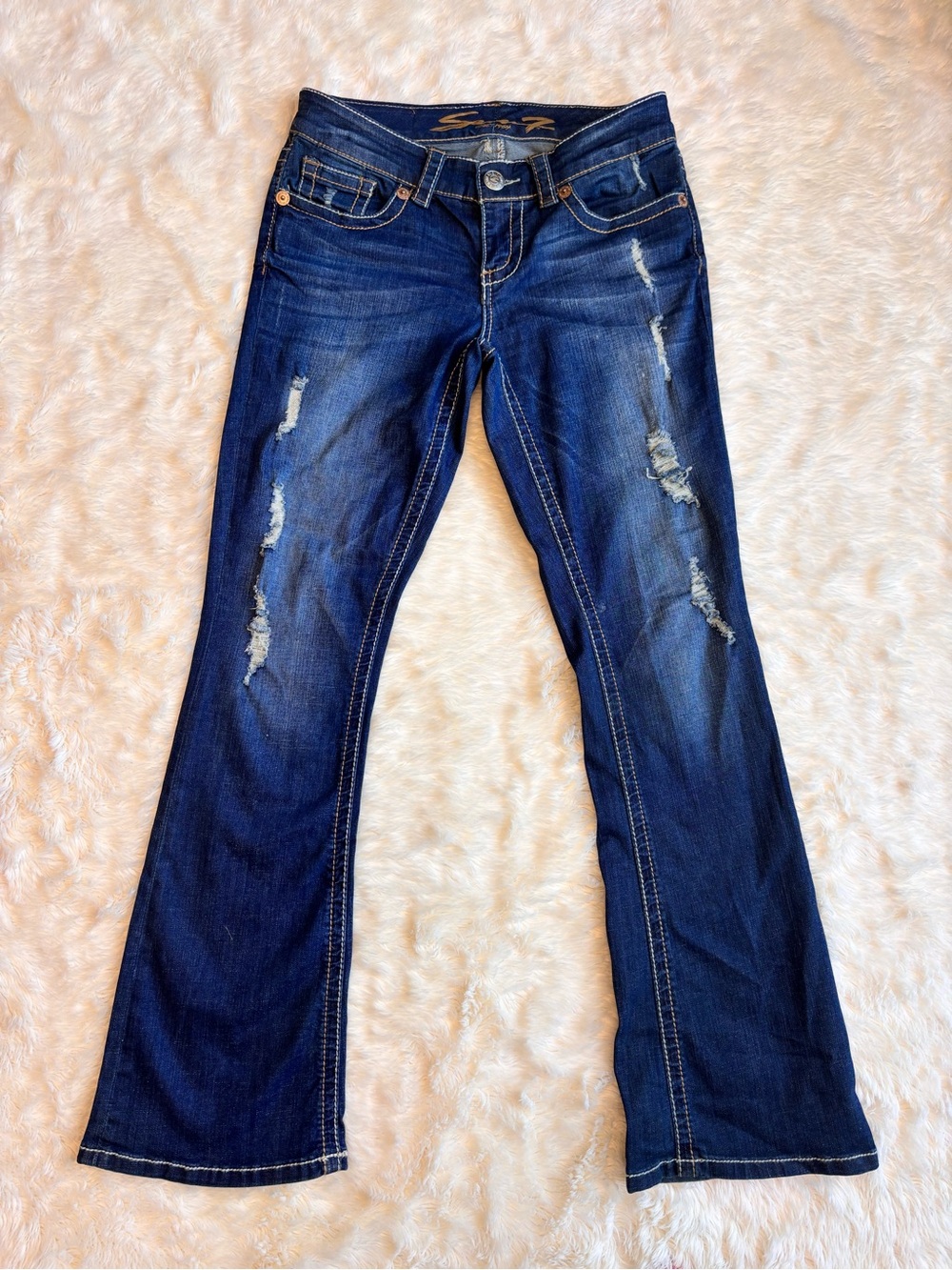 Seven7 for all Mankind Dark Washed Low Rise Distressed Boot Cut Jeans Womens 6